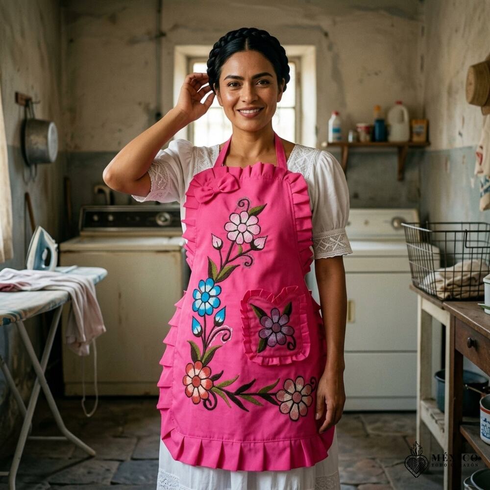 Pink pedal embroidery   Apron Essential Tergal  Kitchen Apron one size
